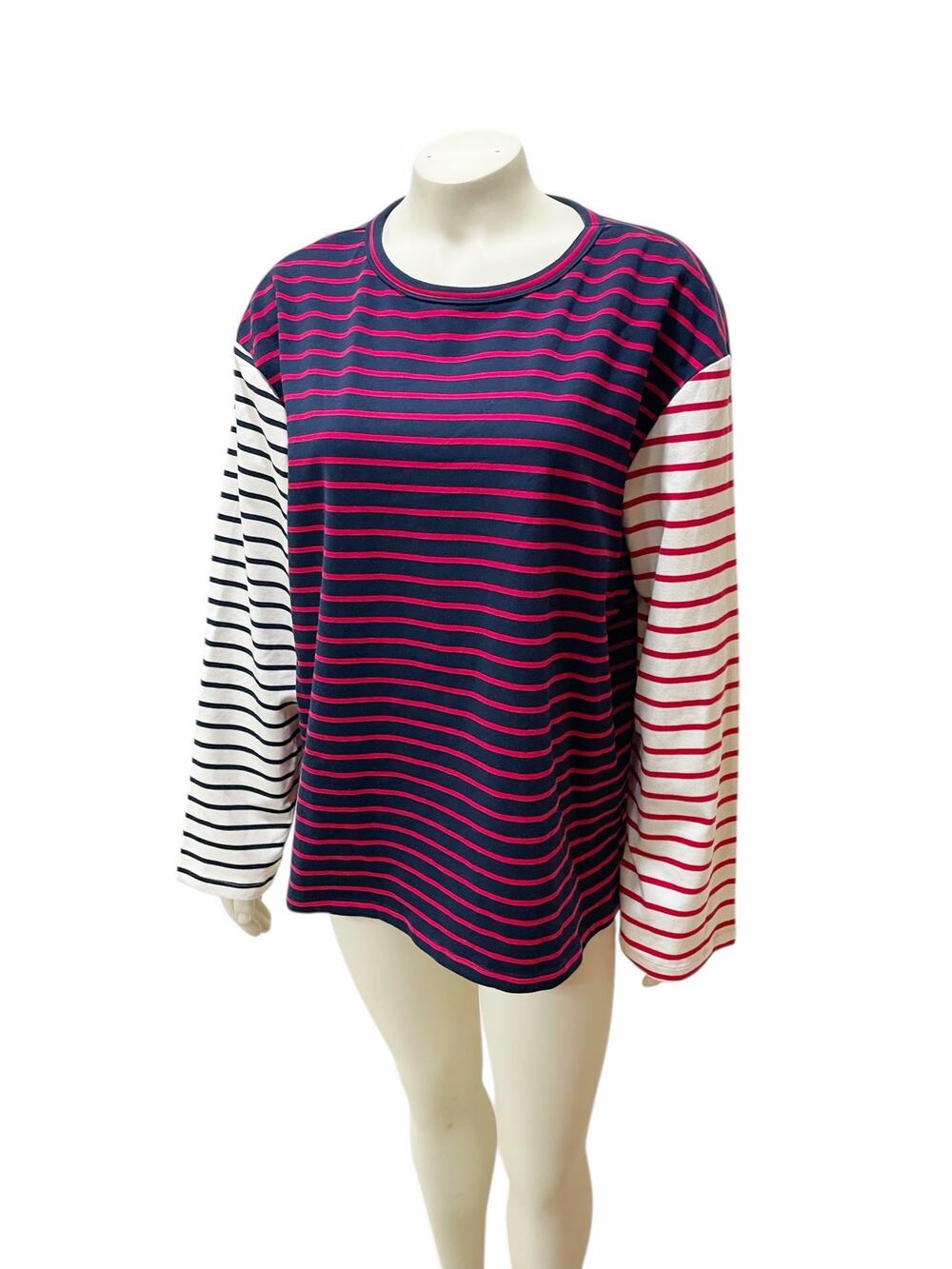 English Factory Colorblock Stripe Long Sleeve Cotton Top in Navy Multi Large
